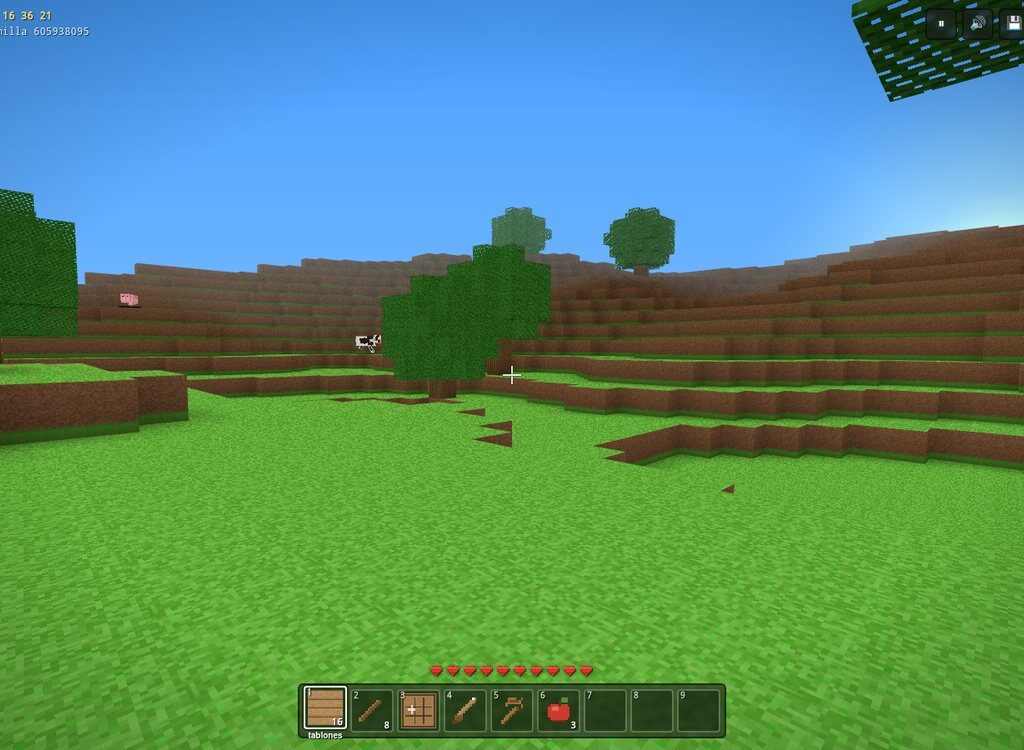 Captura del mundo generado por NeuralCraft: pradera, arboles y cielo abierto.