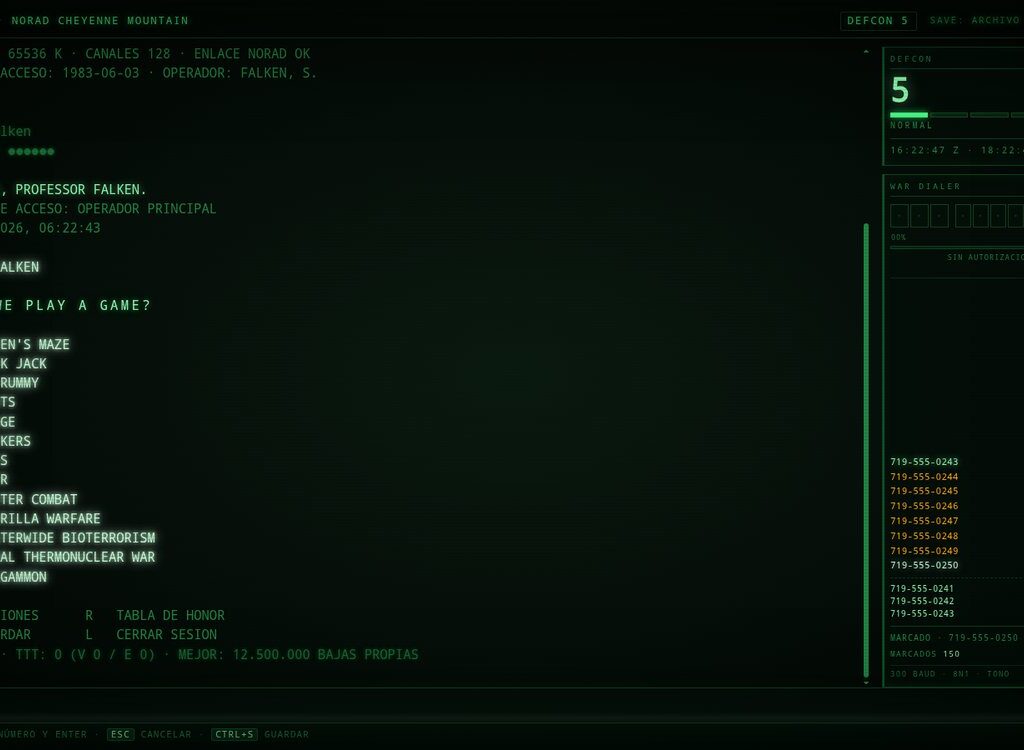 Terminal del WOPR con los trece juegos de la pelicula WarGames.